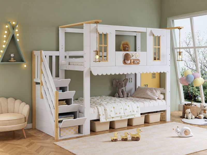  Lit superposé avec escalier de rangement - 90x200cm - fenêtres, bordure ondulée et 2 panneaux décoratifs en feutre - avec sommiers à lattes - blanc et naturel  - Conforama B
