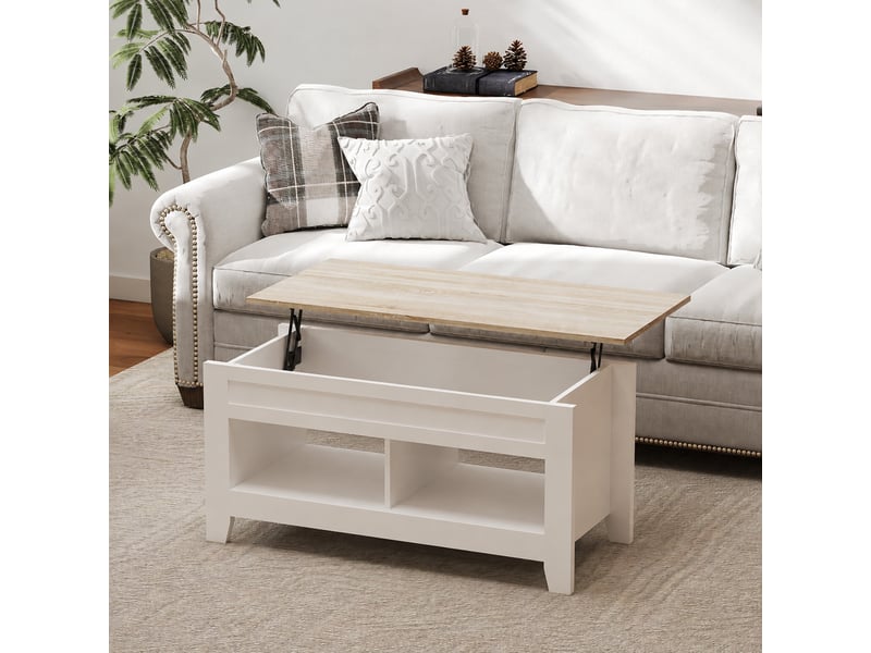  Table basse plateau relevable, table de salon avec étagères et compartiment caché,blanc 105 x 50 x 49-62,5 cm  - Conforama A