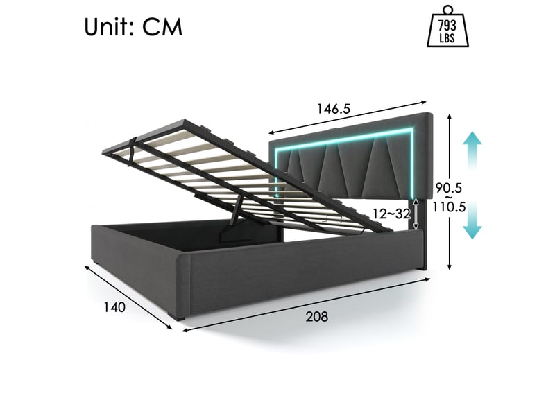  Modenvie lit coffre 140x200 cm - led, ports usb et usb-c, tête de lit réglable, avec matelas - gris  - Conforama C