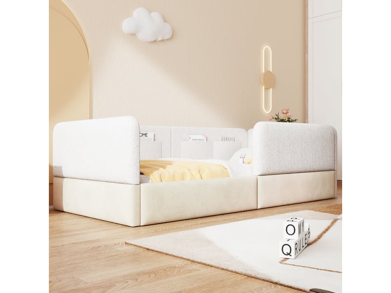  Lit plateforme capitonné 90x200 avec barrière et pochettes de rangement, blanc  - Conforama D