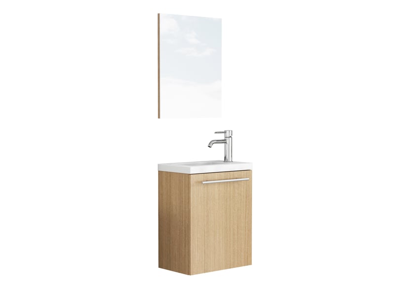  Meuble sous vasque mural en mdf bois clair avec lavabo en céramique et miroir, porte amortie, idéal pour salle de bains  - Conforama A