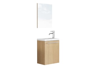 Meuble sous vasque mural en mdf bois clair avec lavabo en céramique et miroir, porte amortie, idéal pour salle de bains