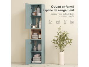 Meuble colonne salle de bain, meuble de rangement, 2 portes, 30x24x140cm, compartiment et étagères réglables, vert