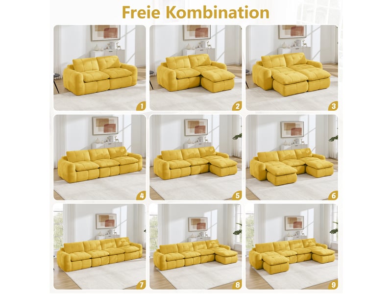  Canapé panoramique modulable 4 places en chenille jaune – 334 x 160 x 68 cm Fay Lum - Conforama E