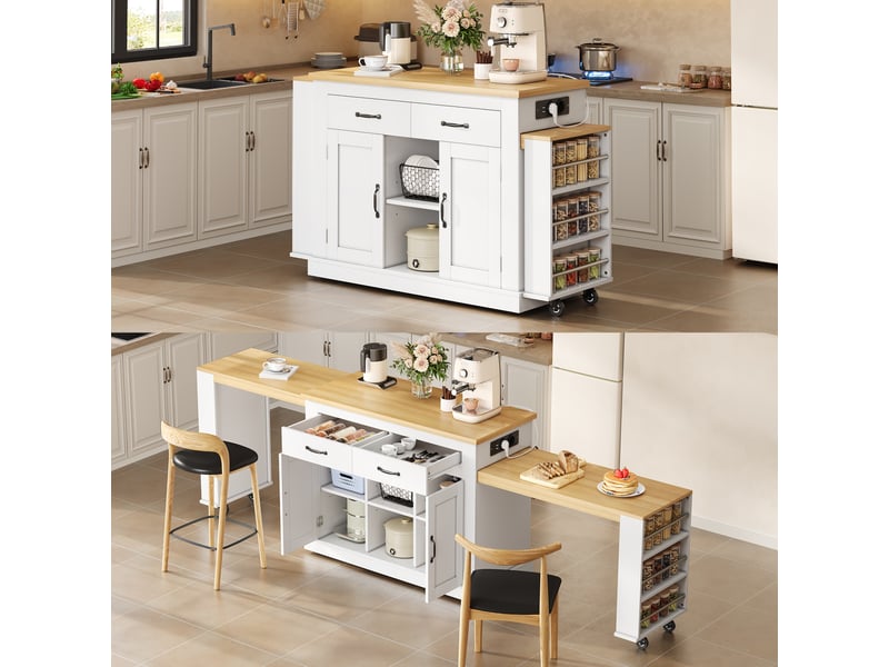 Îlot de cuisine extensible avec double plan de travail, longueur maximale 340 cm, prises électriques et ports usb, 142x55x93cm - Conforama B