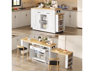 Îlot de cuisine extensible avec double plan de travail, longueur maximale 340 cm, prises électriques et ports usb, 142x55x93cm