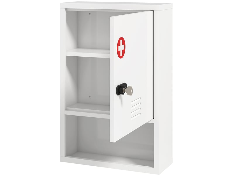  Armoire à pharmacie murale à 3 étagères avec serrure, porte ventilée et compartiments de rangement, blanche  - Conforama B