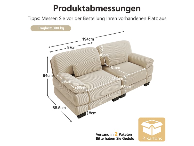  Canapé 2 places en velours côtelé beige, design modulaire, assise profonde, coussin lombaire inclus, 194×88,5×94 cm  - Conforama C