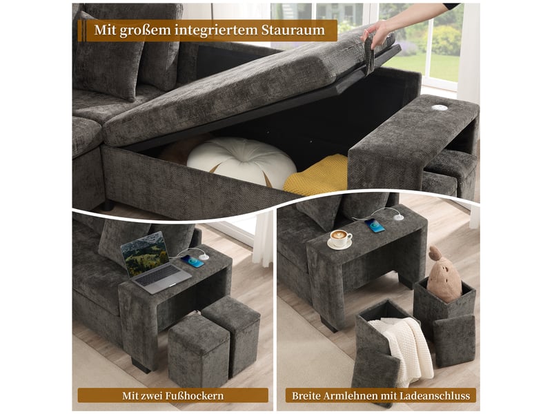Canapé d'angle convertible 5 places en chenille gris avec coffre intégré et méridienne réversible - Conforama R