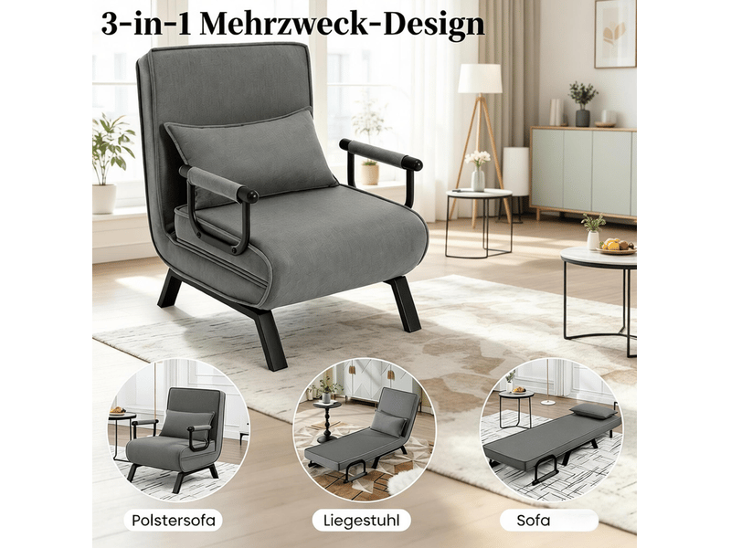 Fauteuil convertible 3 en 1 avec dossier réglable sur 5 positions et coussin amovible en lin gris - Conforama E