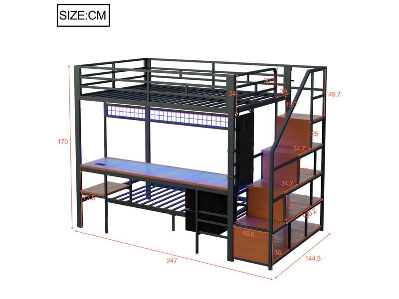  Lit mezzanine en métal 140x200 cm avec bureau led, couchage 90x200 et rangements  - Conforama C
