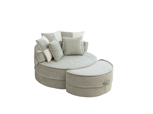 Fauteuil rond 1 place vert menthe en tissu avec ottomane et 5 coussins, confort moelleux pour se détendre chez vous