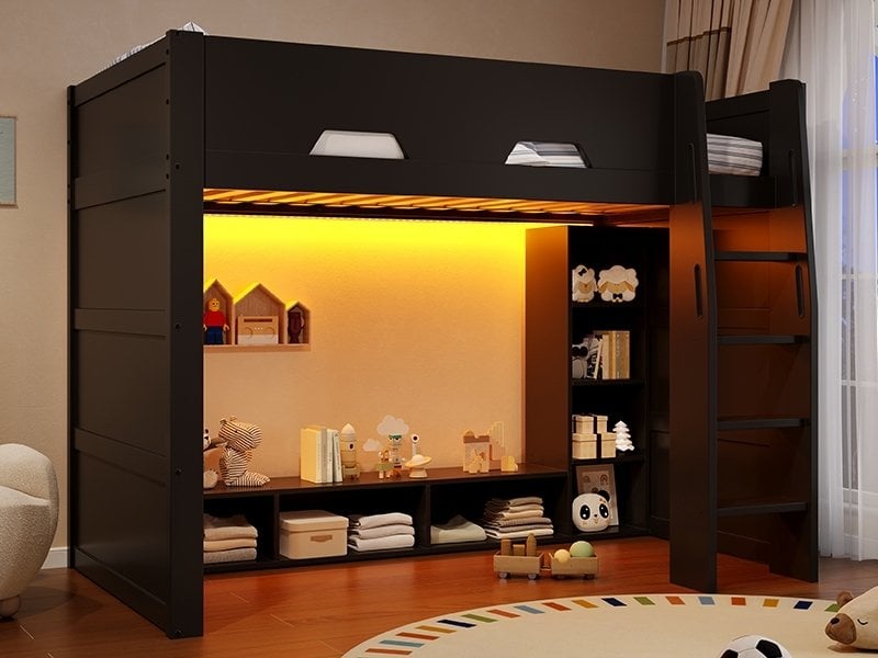  Lit mezzanine, 90x200 cm, avec plusieurs espaces de rangement et éclairage led, cadre en bois, noir  - Conforama B