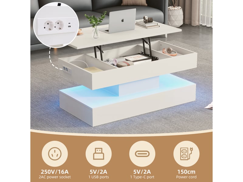 Table basse, à plateau relevable, avec éclairage led, avec rangement intégré, 100 x 50 x h 42–56 cm, blanc, structure en panneau de particules Luxe haut de gamme - Conforama E