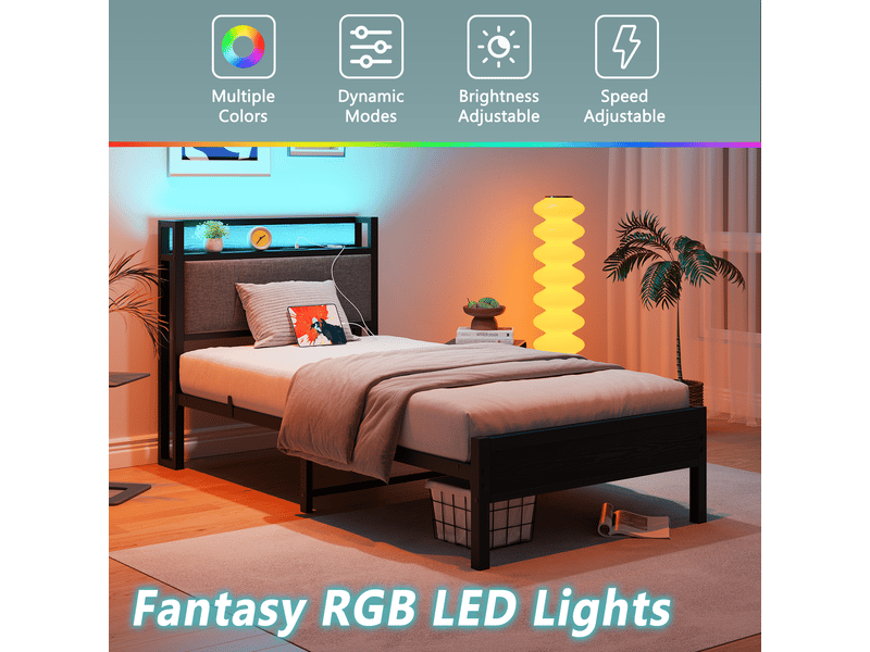  Lit 90x200cm, lit adulte cadre métal robuste, led intelligentes, tête de lit rangement usb, sans bruit, pas de sommier requis  - Conforama E