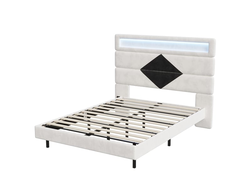 Lit 140x190 avec led ,lit double avec port usb-c, lit suspendu, cadre de lit 140x190 cm, velours, blanc et noir - Conforama A