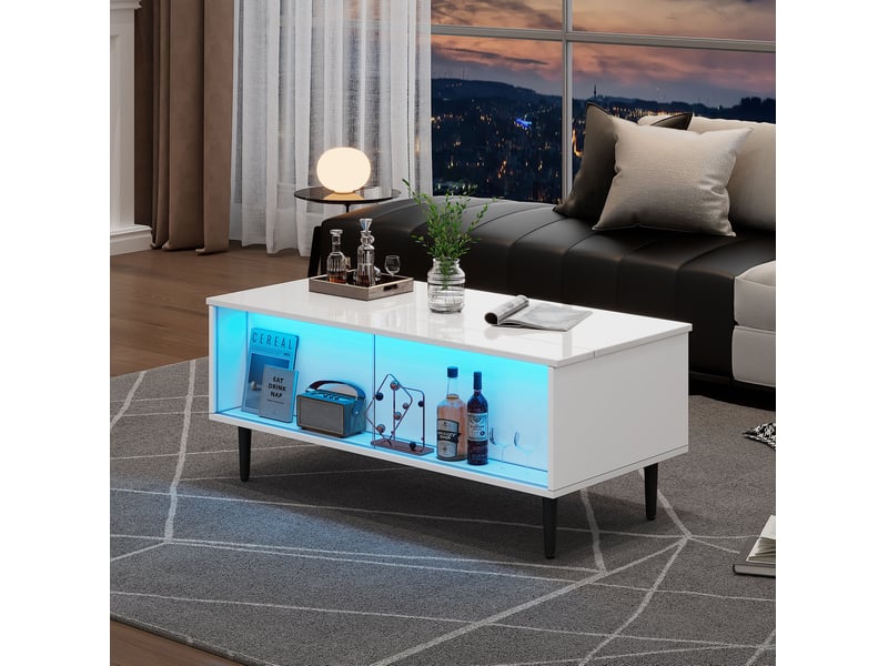  Table basse relevable avec rangement, led et portes coulissantes en verre pour salon, 105 × 50 × 43 cm  - Conforama C