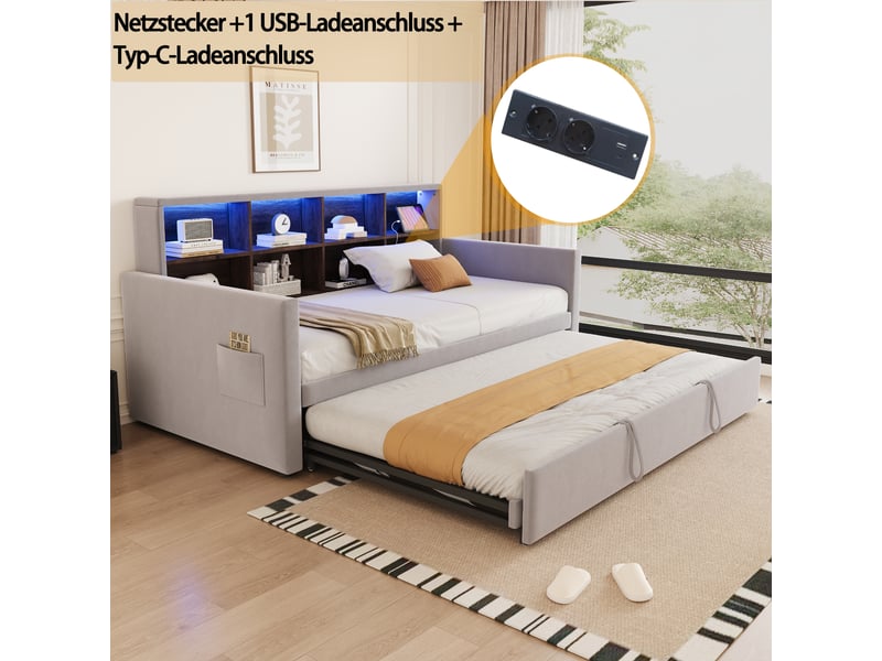  Lit banquette 90 x 190 cm, tête rangements, led, chargeurs, gigogne, velours gris clair  - Conforama C