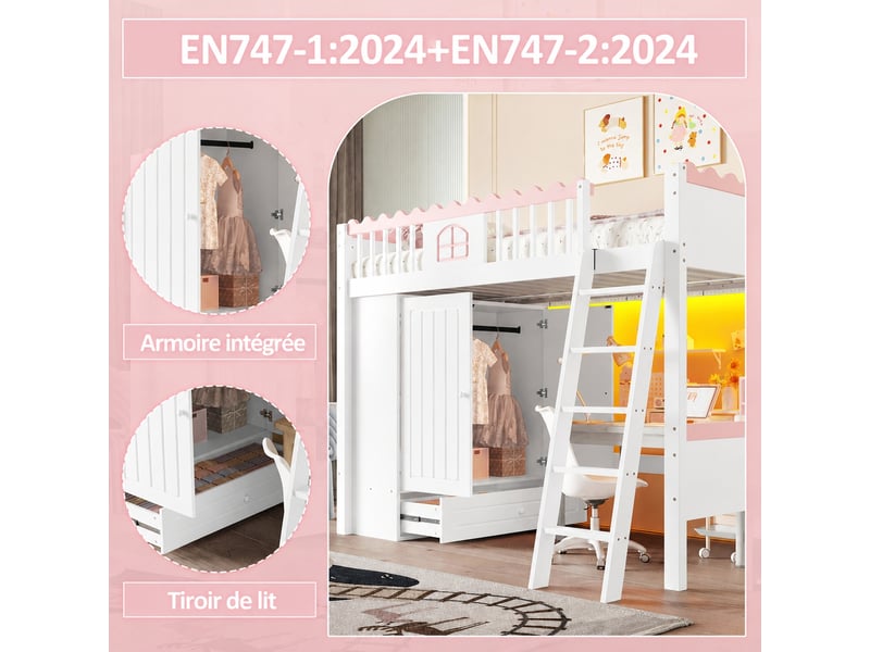  Lit mezzanine enfant 90x200 cm avec armoire, tiroir et led, structure en pin et mdf, blanc avec détails roses  - Conforama D