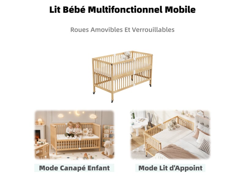  Lit bébé 70 x 140 x 95 cm, table à langer et étagère intégrées, sommier réglable sur 4 hauteurs, pour chambre enfant, pin massif, naturel evarich - Conforama D