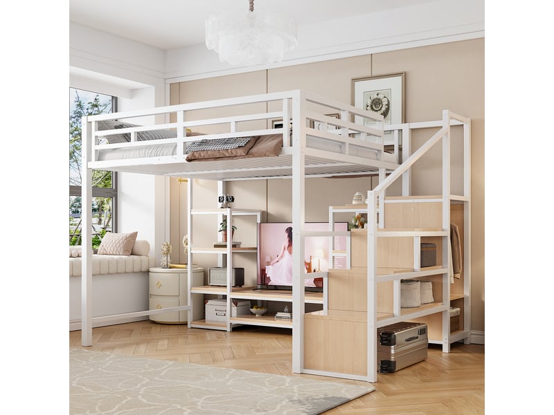 Lit mezzanine 2 places 140×200 cm avec support tv, prise et échelle de rangement - okmyhome- blanc, sans matelas - Conforama B