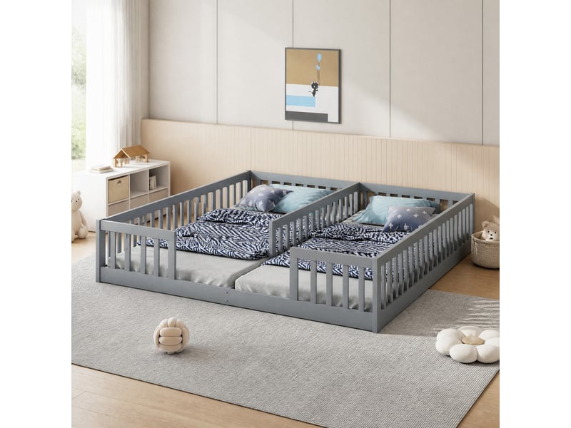  Lit enfant 2 couchages au sol 90 x 200 cm avec barrières et sommiers à lattes, pin et mdf, gris, sans matelas  - Conforama D