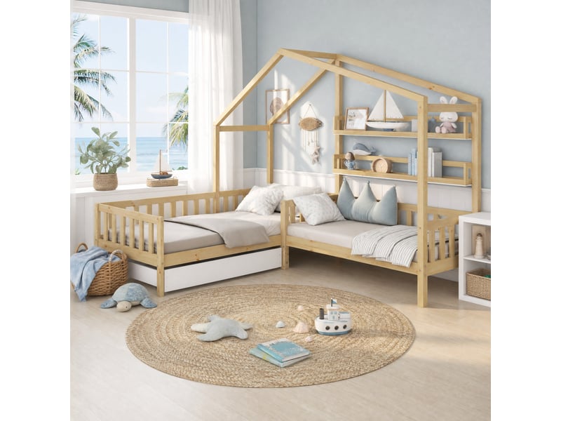  Lit cabane enfant en l avec tiroir et étagères naturel 90 x 200 cm + 140 x 70 cm  - Conforama D