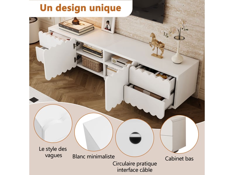  Meuble tv moderne blanc, design minimaliste, portes et tiroirs, bords arrondis, 175 x 38 x 37 cm  - Conforama D