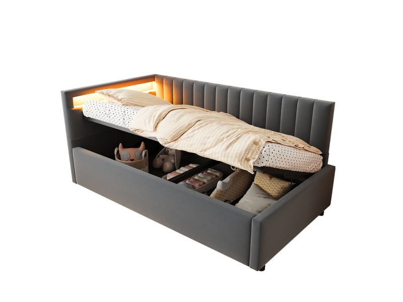 Lit 90x200 cm - canapé lit avec coffre de rangement et lumière led intégrée, velours, gris, sans matelas - Conforama A