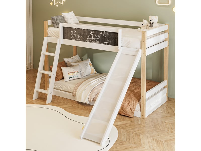 Lit superposé lit 2 places avec escalier, toboggan et tableau, 90×200 cm et 90×190 cm, sans matelas, blanc - Conforama C