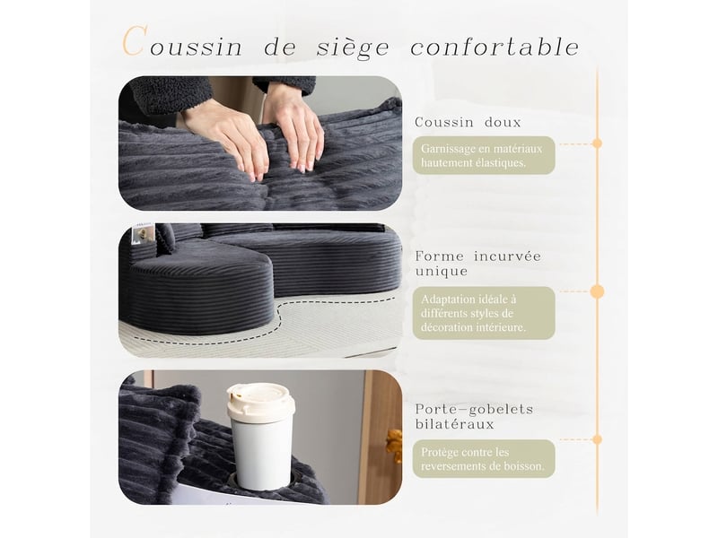 Canapé incurvé en tissu côtelé avec porte-gobelets 250x152x82 cm - poche latérale et coussin inclus - Conforama R