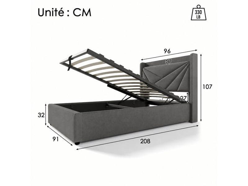  Lit une place avec coffre de rangement, matelas, usb et usb-c, gris, 90 x 200 cm  - Conforama C