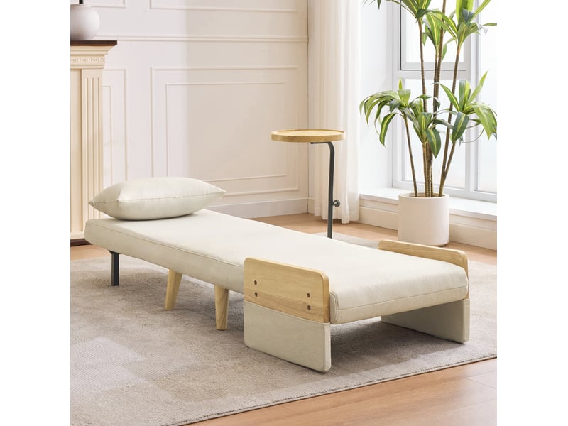  Fauteuil 74,5x66x88 cm, convertible, canapé simple, dossier réglable 6 positions, tablette, bois et métal, lin beige  - Conforama D