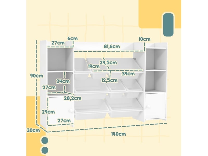  Meuble de rangement enfant 140 x 30 x 90 cm blanc en mdf et métal, 8 bacs amovibles pour jouets  - Conforama C