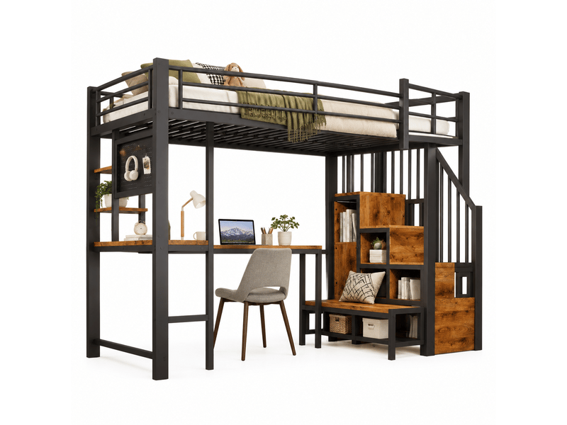  Lit mezzanine lit simple 90x200 cm en métal et mdf avec bureau, rangements, usb, type-c et led, sans matelas, noir  - Conforama A