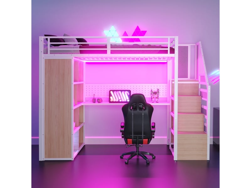 Lit mezzanine métal 90x200 cm blanc avec armoire étagères échelle bureau prises led panneau perforé - Conforama E