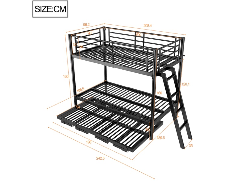  Lit superposé avec couchage inférieur extensible 90x200 cm, métal noir  - Conforama E
