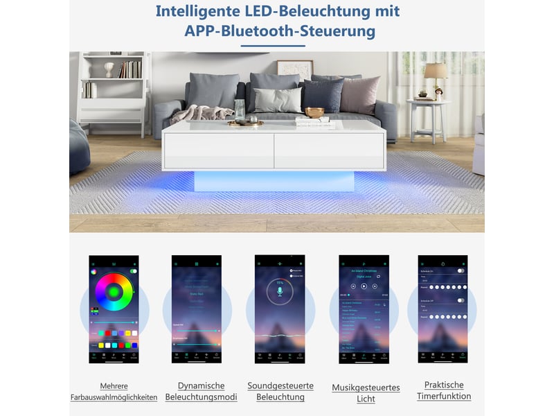  Table basse blanche brillante avec éclairage led et 2 tiroirs, 115x55x34 cm, panneaux de particules, blanc  - Conforama R