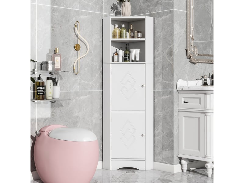  Colonne sdb 36,5x10x155 cm, meuble d'angle avec rangement, étagère réglable et portes, aggloméré, blanc  - Conforama W