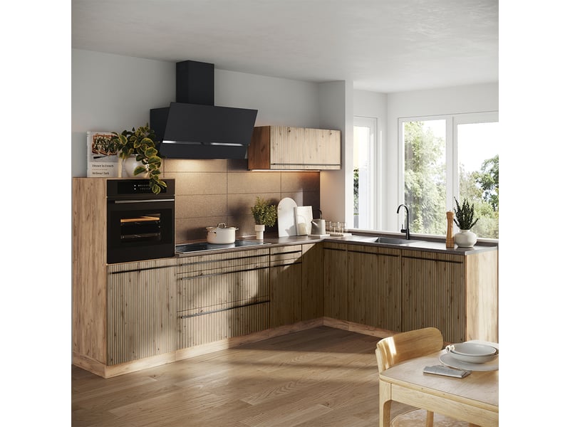 Vicco cuisine en angle, chêne artisanchêne doré, 287 x cm plan de travail marbre - Conforama C