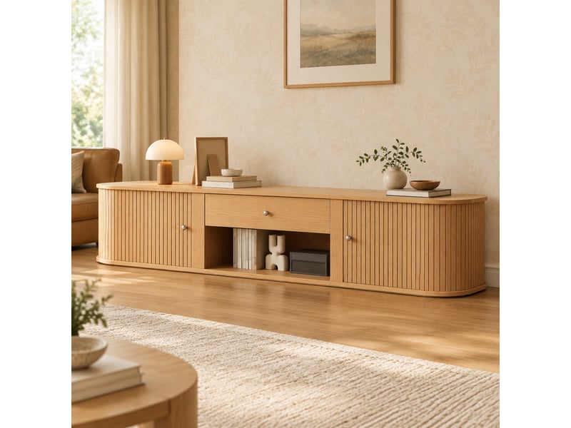  Meuble tv bas 180 x 40 x 40 cm naturel avec 2 portes coulissantes et 1 tiroir  - Conforama C