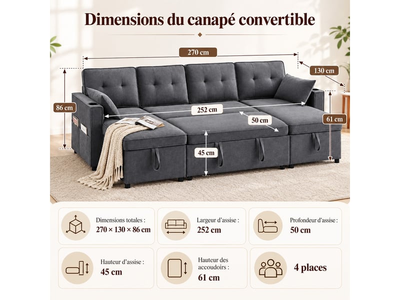  Canapé panoramique convertible 4 places avec coffres, porte-gobelets et poches latérales, tissu gris, 270 × 130 cm  - Conforama C