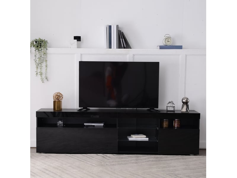  Meuble tv moderne 180 cm noir avec led multicolore, portes brillantes et verre  - Conforama D