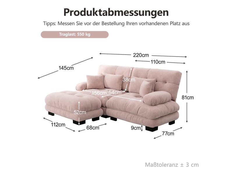 Canapé d'angle modenvie cloud 2 places en chenille rose 220 x 145 cm avec ottoman mobile  - Conforama C