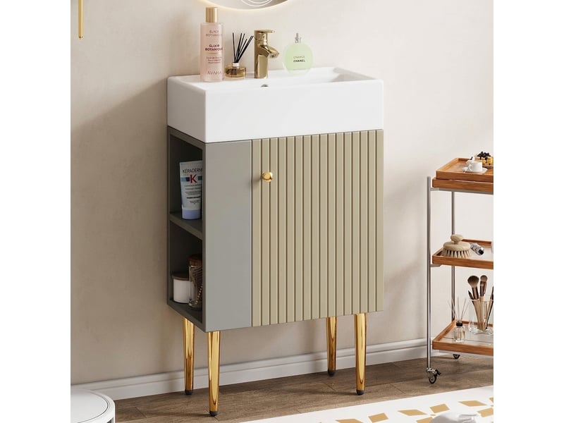  Meuble sous-vasque 55 cm avec vasque en céramique, petit meuble salle de bain sur pied, gris clair  - Conforama C