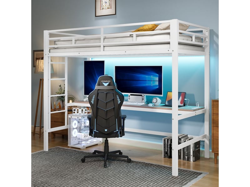  Lit mezzanine 90x200, sécurité renforcée lit mezzanine enfant, bureau avec ports usb, led multicolore, structure métal robuste  - Conforama A