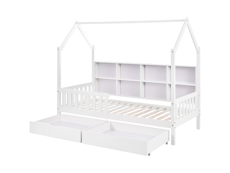  Lit cabane enfant 90x200 avec tiroirs et bibliothèque - bois massif blanc  - Conforama W