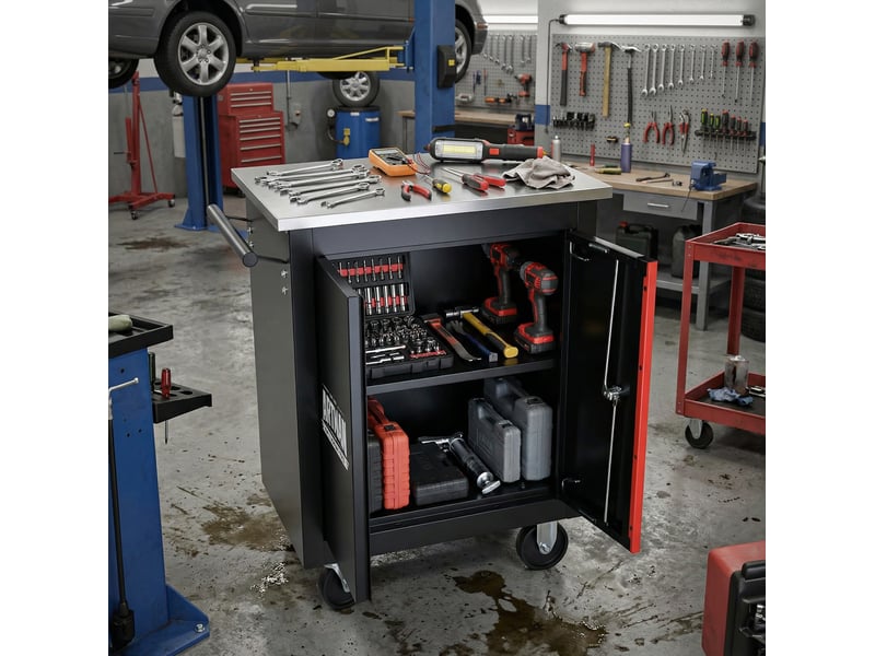Meuble de rangement à roulettes avec 2 portes, serrure et plateau pour garage, acier noir et rouge, 62,5 × 34,5 × 78 cm - Conforama D