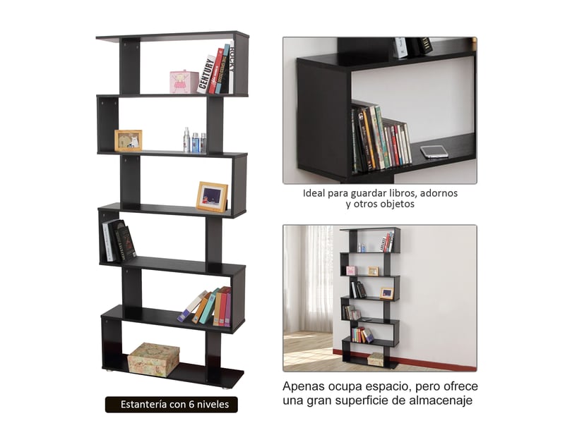  Étagère à 6 niveaux en bois en forme de s, 80 x 24 x 191 cm, étagères noires  - Conforama E