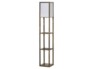 Lampe sur pied étagère en bois naturel 3 tablettes abat-jour acrylique interrupteur tirette e27